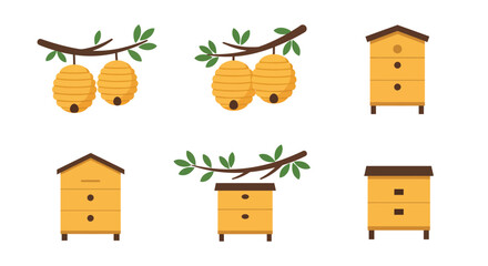 Illustrative bee hives and honeycombs in a simple flat design style