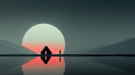 Sunrise over lake with house silhouette