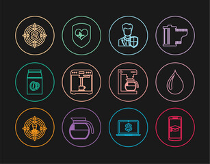 Set line Graduation cap on mobile, Water drop, User protection, Coffee machine and cup, beans bag, Target with dollar, pot and Shield heart rate icon. Vector