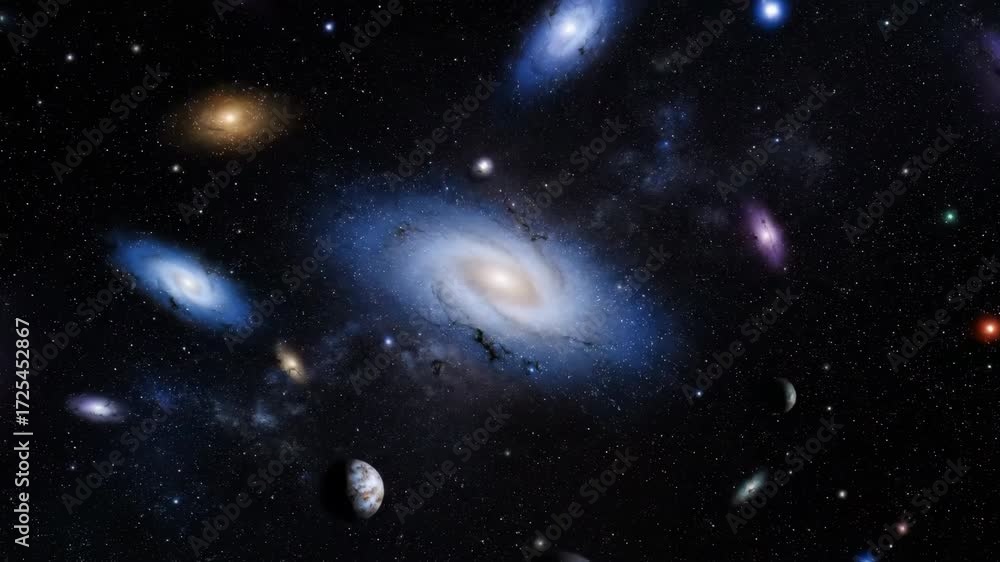 Poster deep cosmic field revealing countless distant galaxies, subtly shifting and evolving in a vast, anci