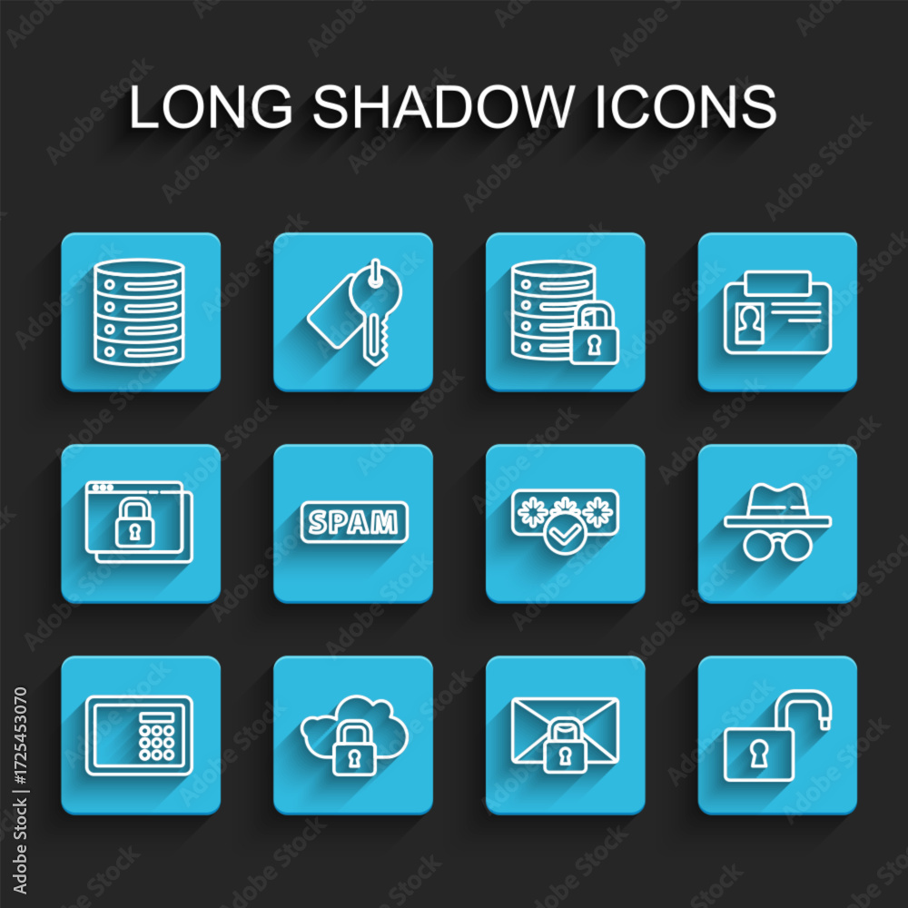 Poster set line safe, cloud computing lock, server, data, web hosting, mail message password, open padlock,