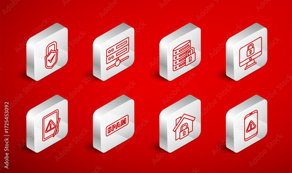 Poster set line mobile with exclamation mark, server, data, web hosting, security lock, lock computer monit