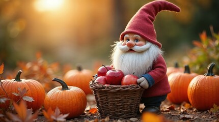 Charming autumn gnome with basket of apples among pumpkins in a warm sunset setting in a peaceful garden scene