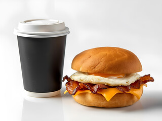 Breakfast burger with a sunny-side-up egg, crispy bacon, and melted cheddar cheese served on a soft bun, accompanied by a cup of hot coffee in a black paper cup on a minimalist white background.
