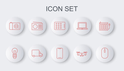 Set line Computer mouse, Light bulb, Graphic tablet, Drone flying, Photo camera, Radio, Delivery cargo truck and Smartphone icon. Vector