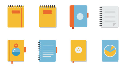 Collection of colorful notebooks and journals in a flat design style