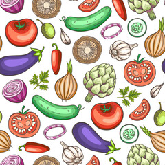 A seamless pattern of handdrawn vegetables in various states of preparation