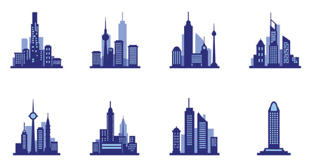 Fototapeta premium Collection of modern city skylines in a minimalist blue palette