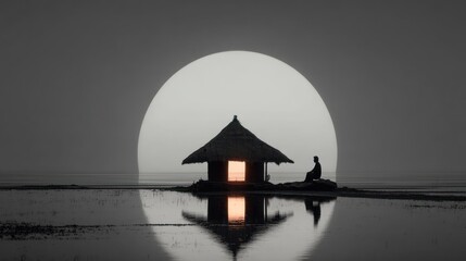 Simple hut silhouette sunlit reflection