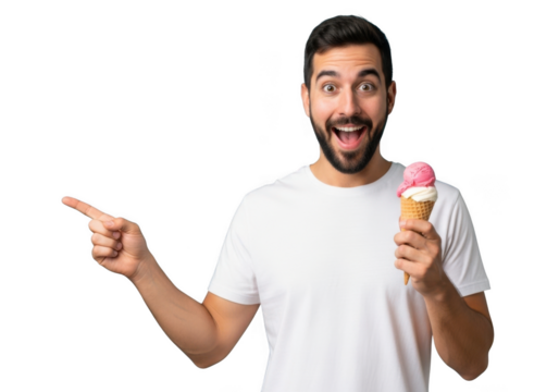Man with beard and glasses excitedly holds ice cream and points to the side isolated on transparent background