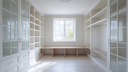 Obraz premium Bright, organized walk-in closet with custom white shelving and a built-in bench seat under a window for a sleek and modern design aesthetic.