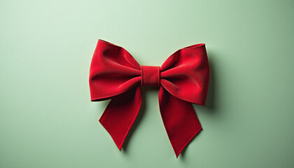 Red velvet bow on green background, festive Christmas ribbon decoration for holiday gifts and seasonal design