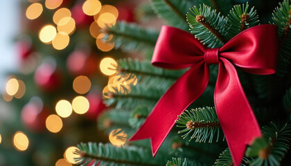 Red ribbon bow on Christmas tree branch with festive lights bokeh in background