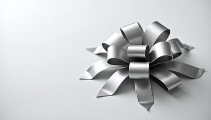 Silver satin ribbon bow on white background, elegant festive gift wrapping decoration for celebration and holiday design