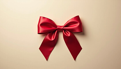 Elegant red ribbon bow isolated on beige background, classic festive decoration element