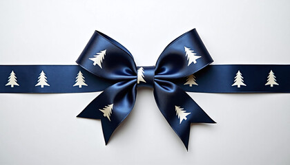 Blue ribbon bow with white Christmas tree pattern, festive holiday decoration on white background