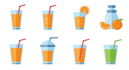 Refreshing assortment of orange juice water and green smoothie drinks