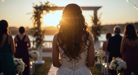A back view of a bride walking to the altar during a beautiful sunset, with wedding guests seated behind her.