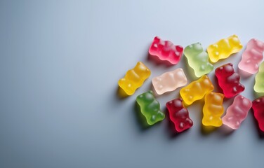 Colorful jelly bears scattered on a white background creating a playful and vibrant visual experience from above