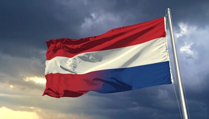 Naklejka premium Dutch Flag Waving Proudly Against a Dramatic Sky Symbol of the Netherlands