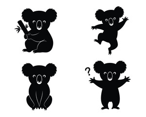 Four silhouettes of cute koalas in different poses showing playful and curious expressions on a white background
