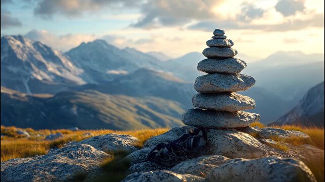 Balanced stone cairn on mountain peak under blue sky