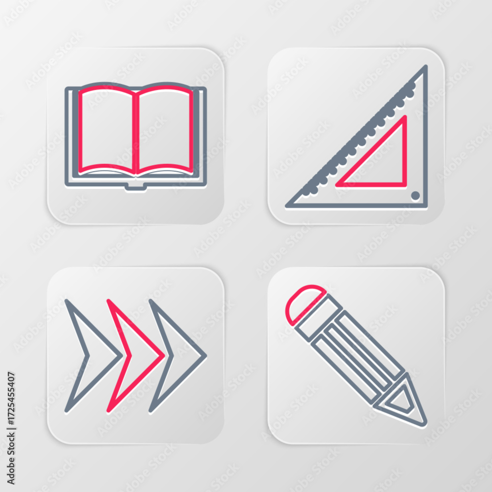 Poster set line pencil, arrow, triangular ruler and open book icon. vector