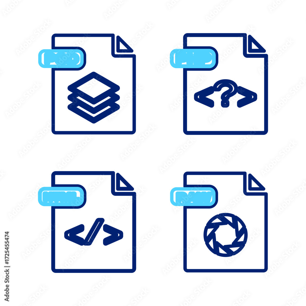 Poster set line raw file document, html, php and psd icon. vector