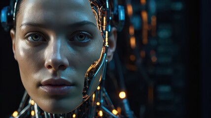 Detailed portrait of a cyborg woman with glowing circuitry and cybernetic implants