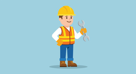 Cartoon construction worker wearing a hard hat and safety vest holding tools.