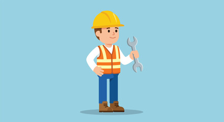 Cartoon construction worker in hard hat holding a wrench.
