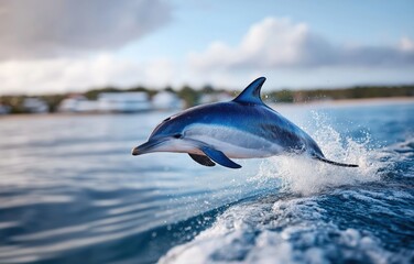 Fototapeta premium Bottlenose dolphin leaps joyfully above serene ocean surface at twilight