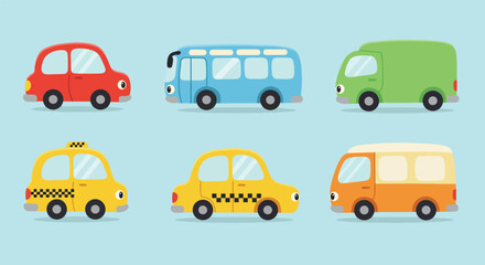 Collection of Six Cartoon Vehicles on a Light Blue Background.