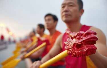 Close-up of a dragon head oar during the spirited Chinese Dragon Boat Festival with vibrant teamwork in action