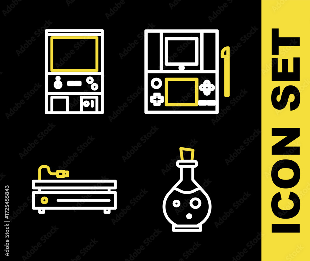 Poster set line portable video game console, bottle with magic elixir, video and retro arcade machine icon.