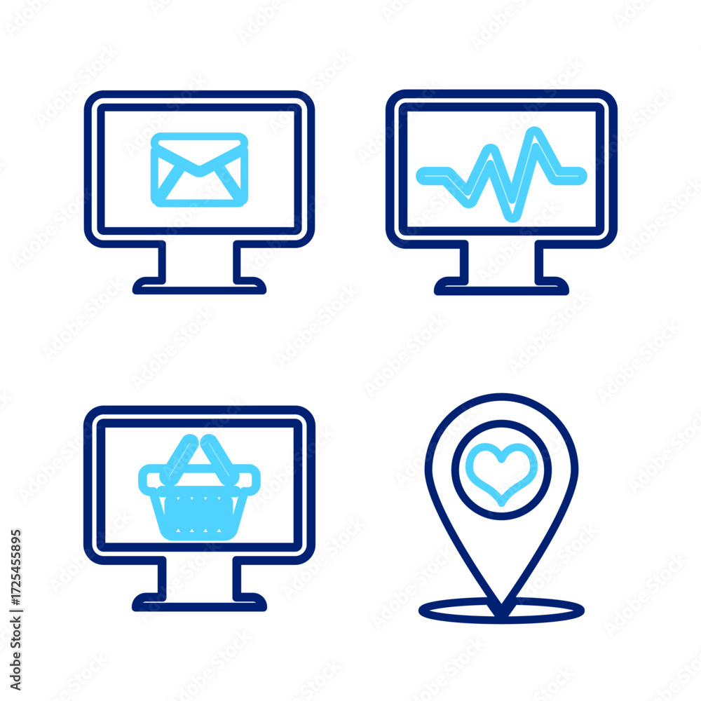 Poster set line map pointer with heart, monitor shopping basket, cardiogram and and envelope icon. vector