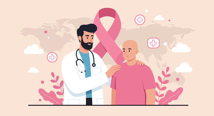 Doctor comforting patient with pink ribbon symbol of breast cancer awareness.