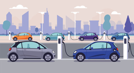 Electric Cars Charging at a City Station with Modern Buildings