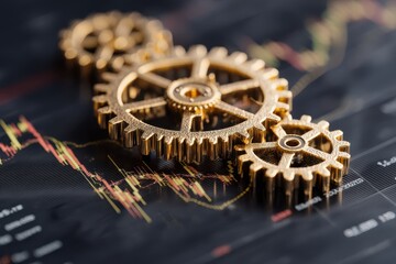 Golden gears interlock on a financial chart background with fluctuating lines and data points, symbolizing the interplay between mechanics and financial markets, suggesting industry synergy