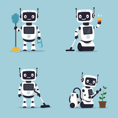 Four Cute Robots Engaged in Various Cleaning and Gardening Tasks.