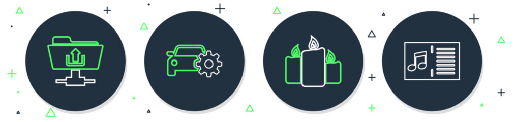 Set line Car service, Burning candles, FTP folder upload and Music book with note icon. Vector
