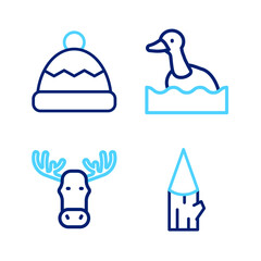 Set line Wooden log, Moose head with horns, Flying duck and Beanie hat icon. Vector