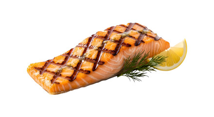 Grilled salmon fillet with lemon and dill isolated on white background, showcasing a healthy and delicious seafood dish for culinary enthusiasts