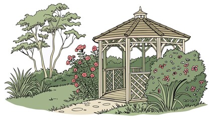 Elegant Vector Gazebos with Decorative Plants Illustration