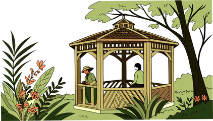 Elegant Vector Gazebos with Decorative Plants Illustration