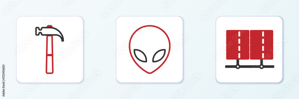 Poster set line server, data, web hosting, hammer and alien icon. vector