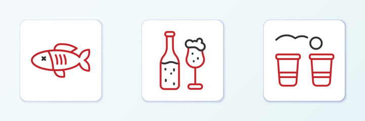 Set line Beer pong game, Dried fish and bottle and glass icon. Vector