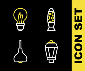Set line Floor lamp, Garden light, Lamp hanging and Light bulb icon. Vector