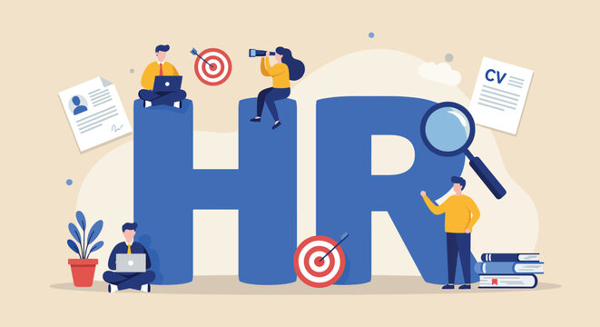 Human Resources Team Collaborating Around Giant HR Letters with Recruitment Elements.