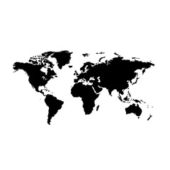 Naklejka premium A simple yet striking world map silhouette is presented in black and white, making it suitable for inclusion in presentations, reports, and social media graphics